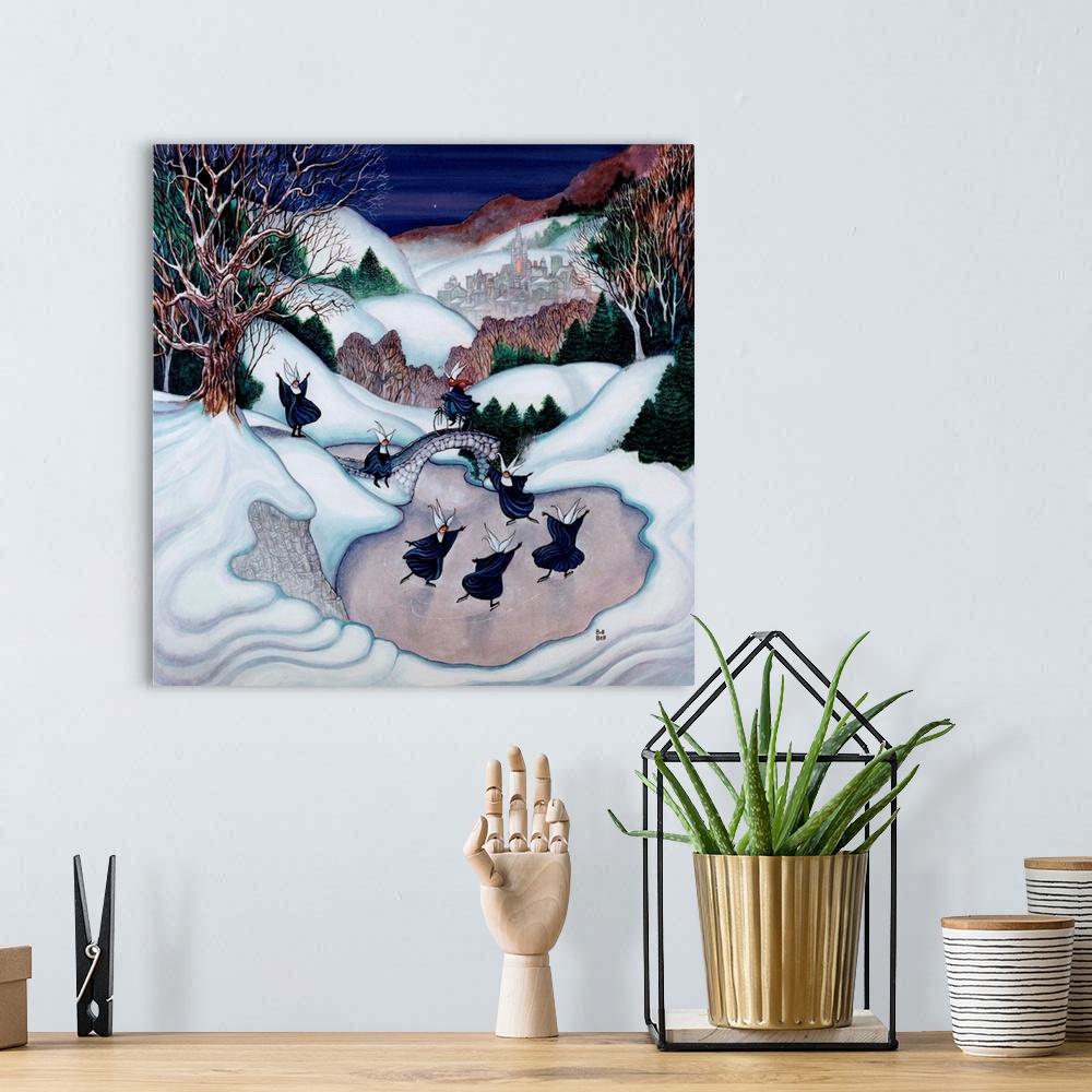 A bohemian room featuring A painting of ice skating nuns on a frozen lake, with a village in the distance.