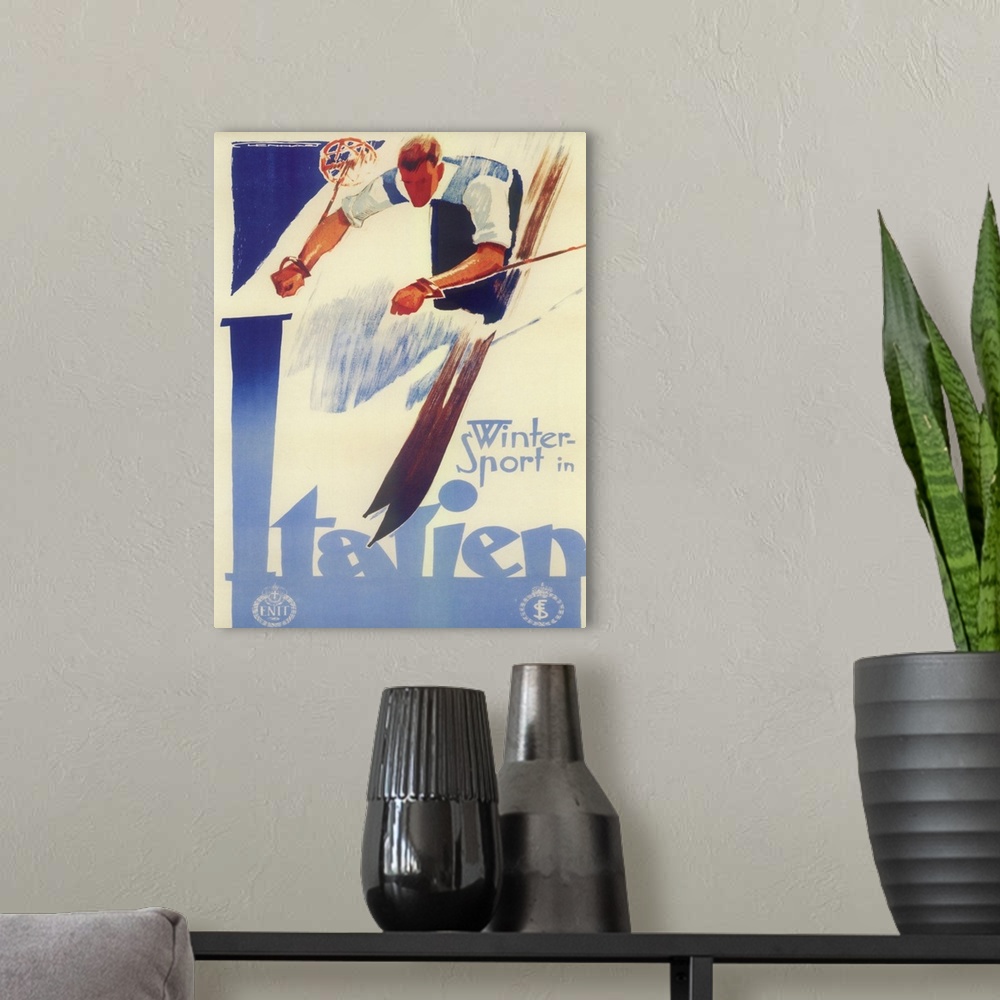 A modern room featuring Vintage poster advertisement for Skiing.