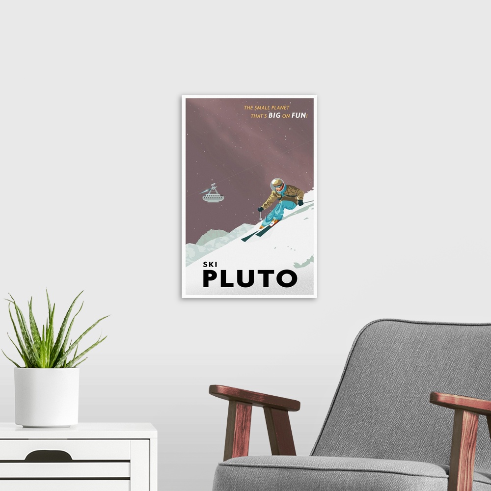 A modern room featuring Retro minimalist space travel poster art.