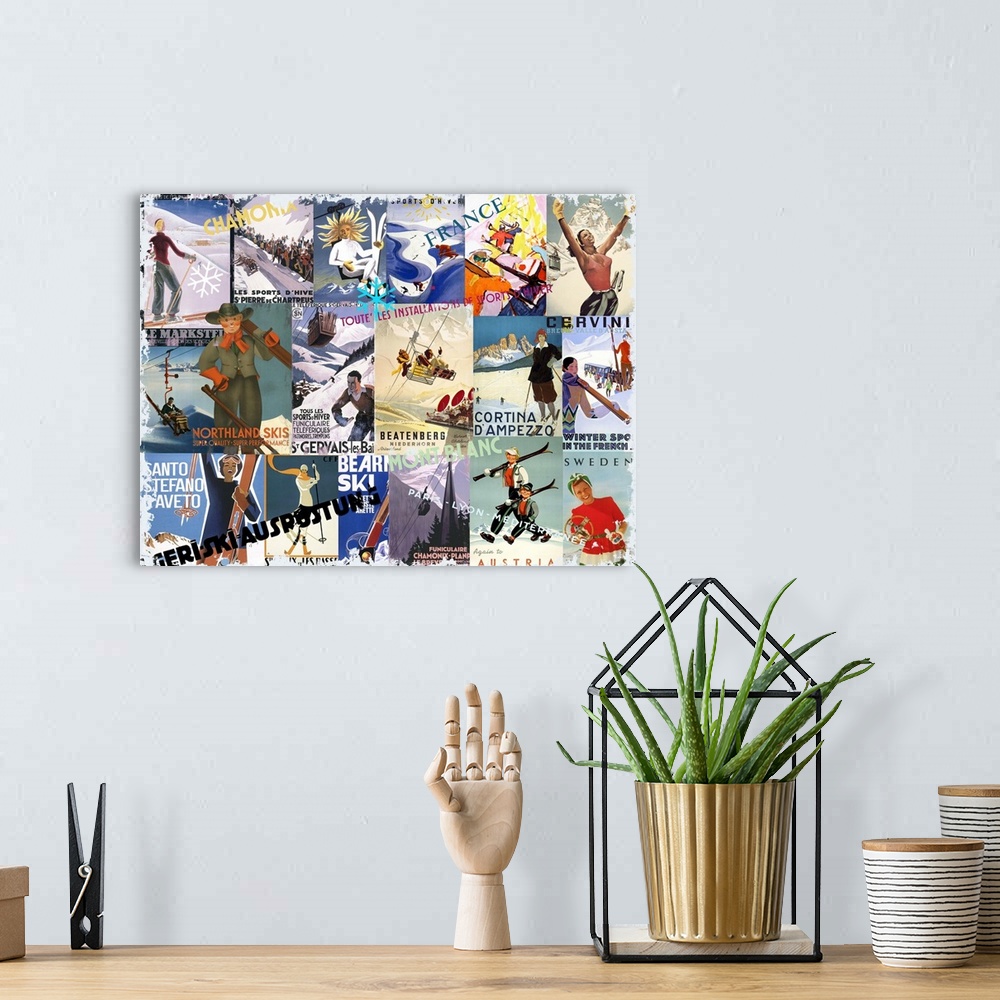 A bohemian room featuring Collage made of vintage travel posters of ski resorts and destinations.