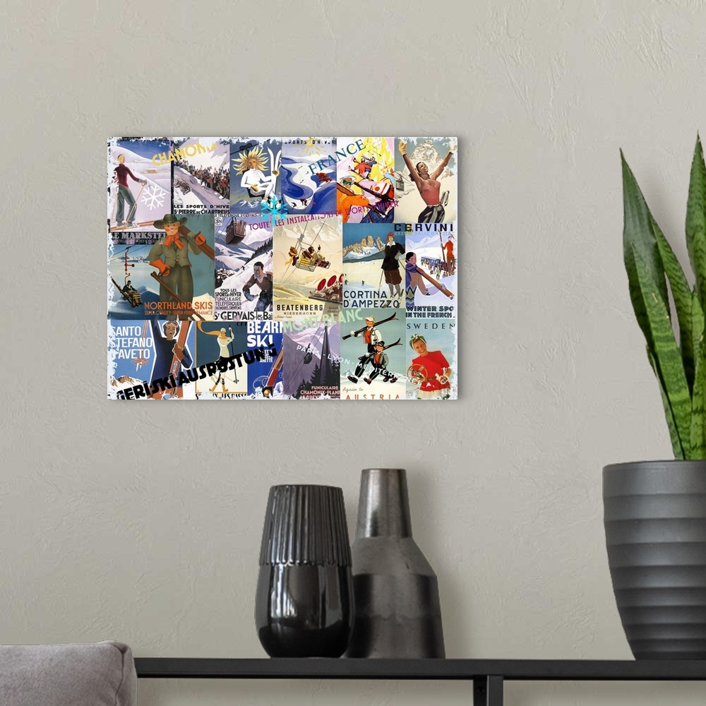 A modern room featuring Collage made of vintage travel posters of ski resorts and destinations.