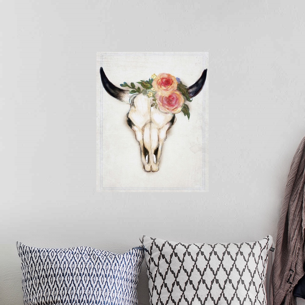 A bohemian room featuring Decorative digital art piece of a bull skull with flowers on the top.