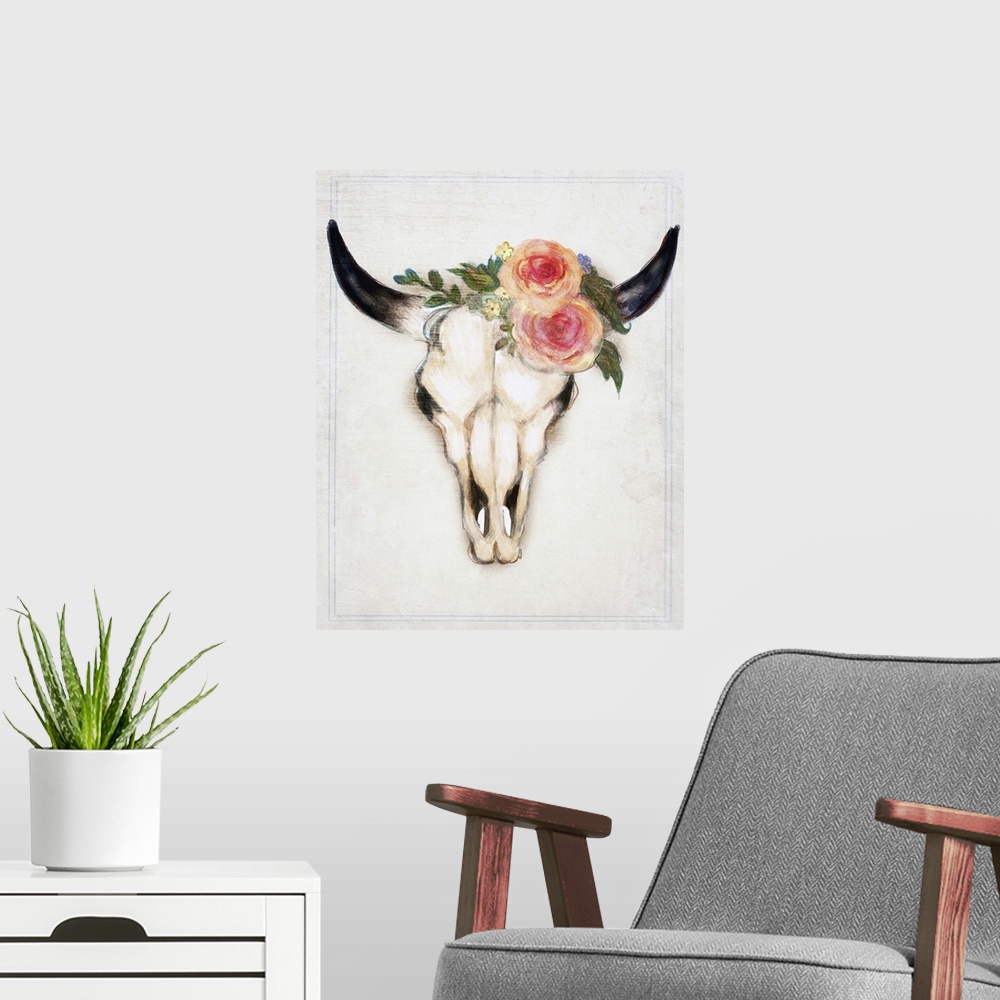 A modern room featuring Decorative digital art piece of a bull skull with flowers on the top.