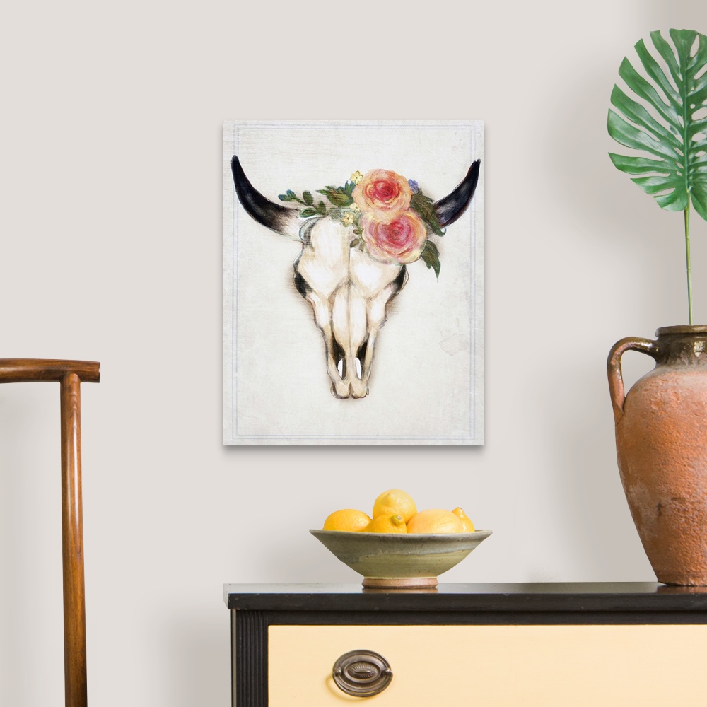 A traditional room featuring Decorative digital art piece of a bull skull with flowers on the top.