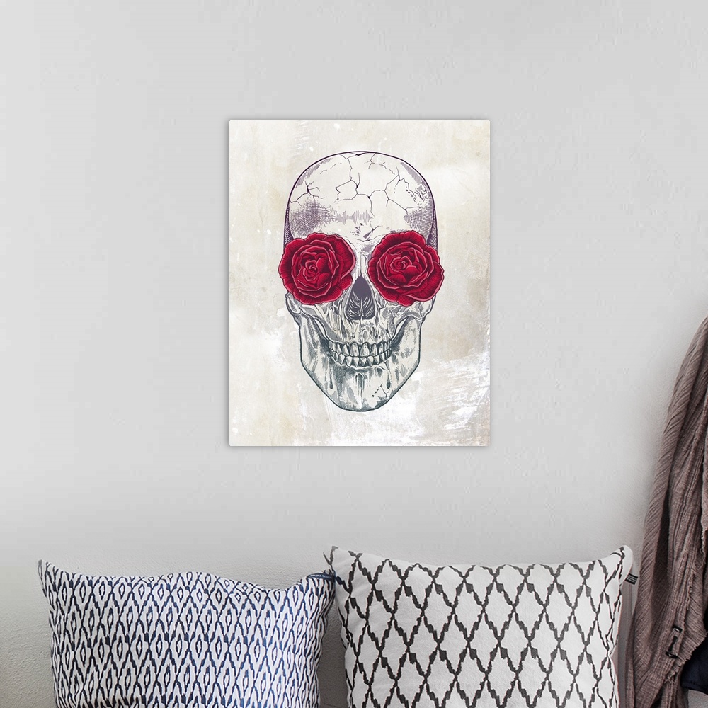 A bohemian room featuring Illustration of a skull with red roses in the eye sockets.