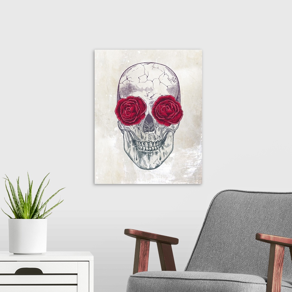 A modern room featuring Illustration of a skull with red roses in the eye sockets.