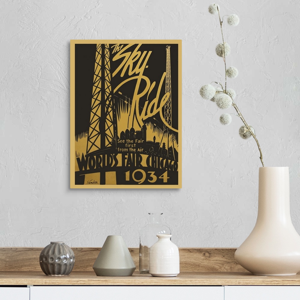 A farmhouse room featuring Vintage poster advertisement for Sky Ride.