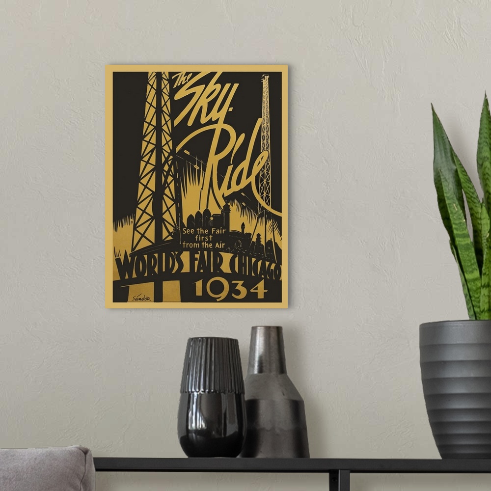 A modern room featuring Vintage poster advertisement for Sky Ride.