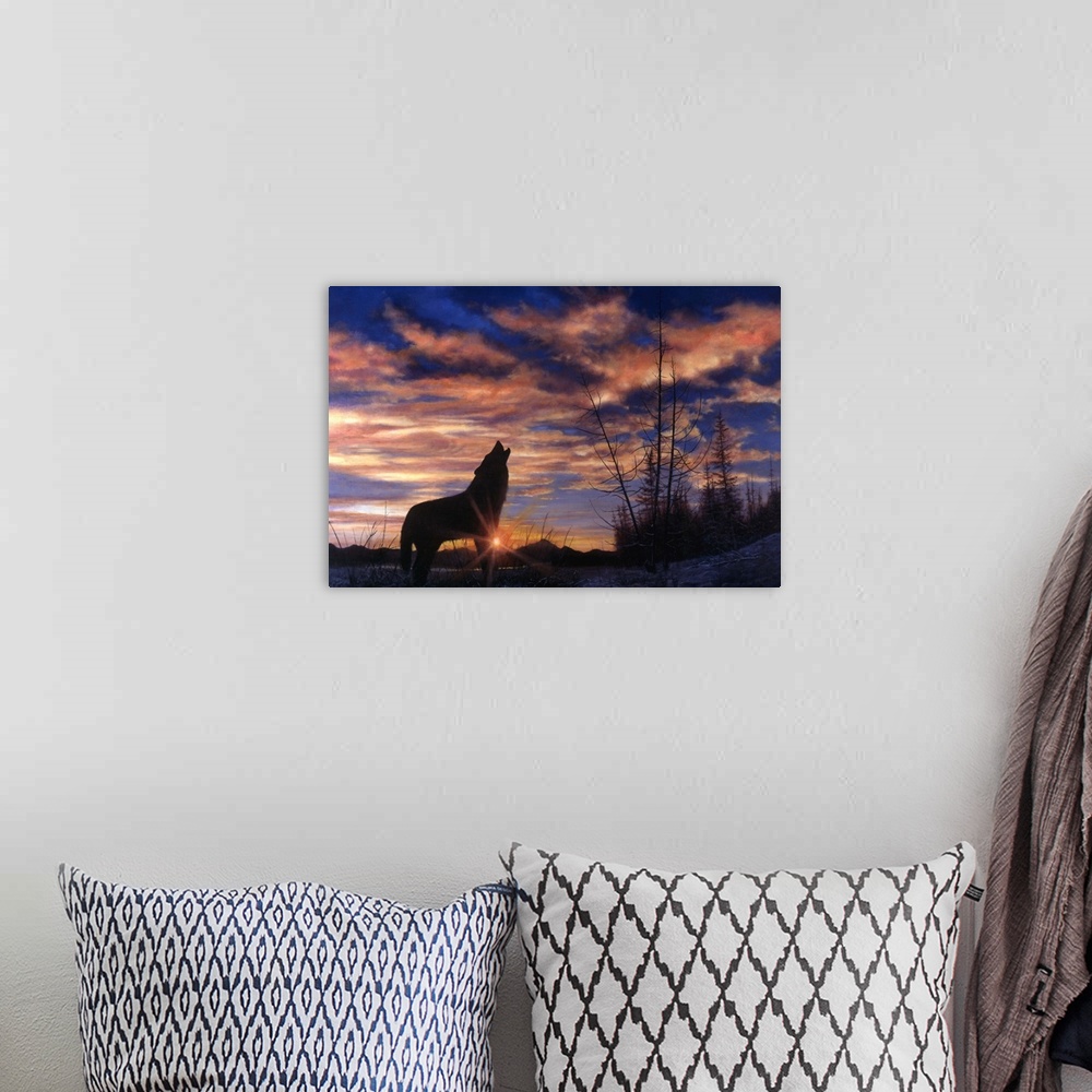 A bohemian room featuring Contemporary artwork of a wolf howling up into the sky as the sun sets on the day.