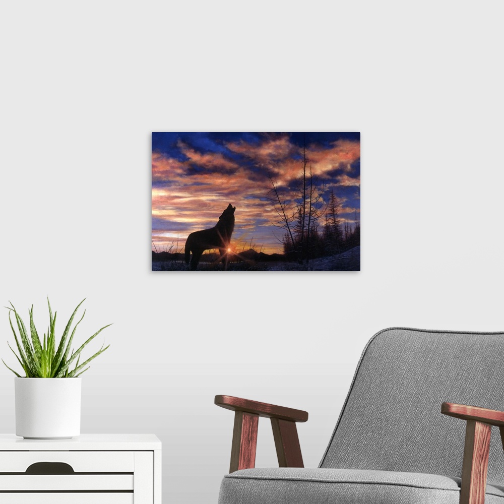 A modern room featuring Contemporary artwork of a wolf howling up into the sky as the sun sets on the day.