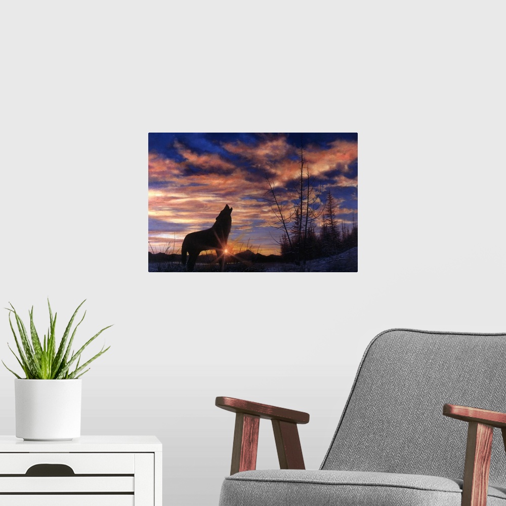 A modern room featuring Contemporary artwork of a wolf howling up into the sky as the sun sets on the day.