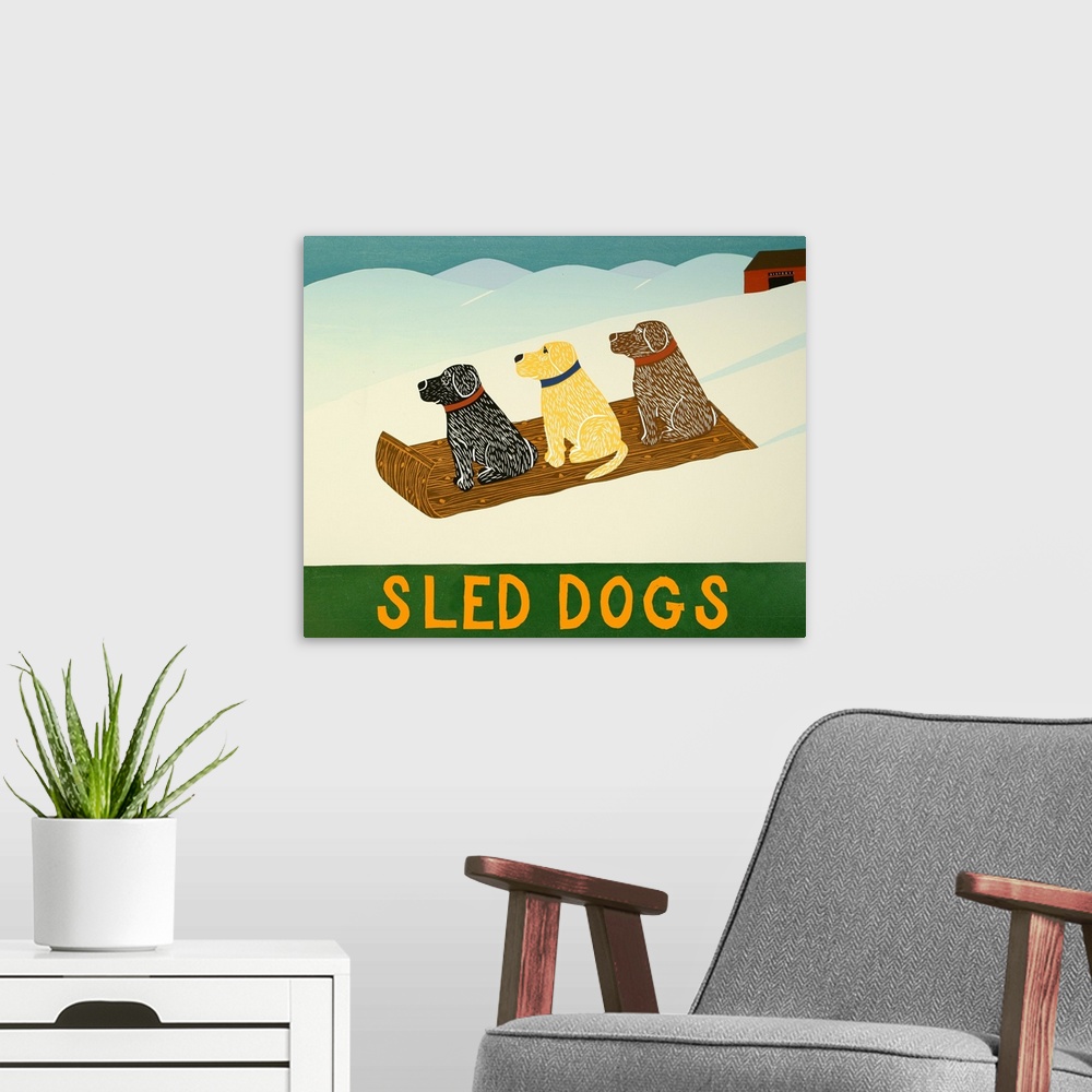 A modern room featuring Illustration of a chocolate, yellow, and black lab sledding down the slopes with the phrase  "Sle...