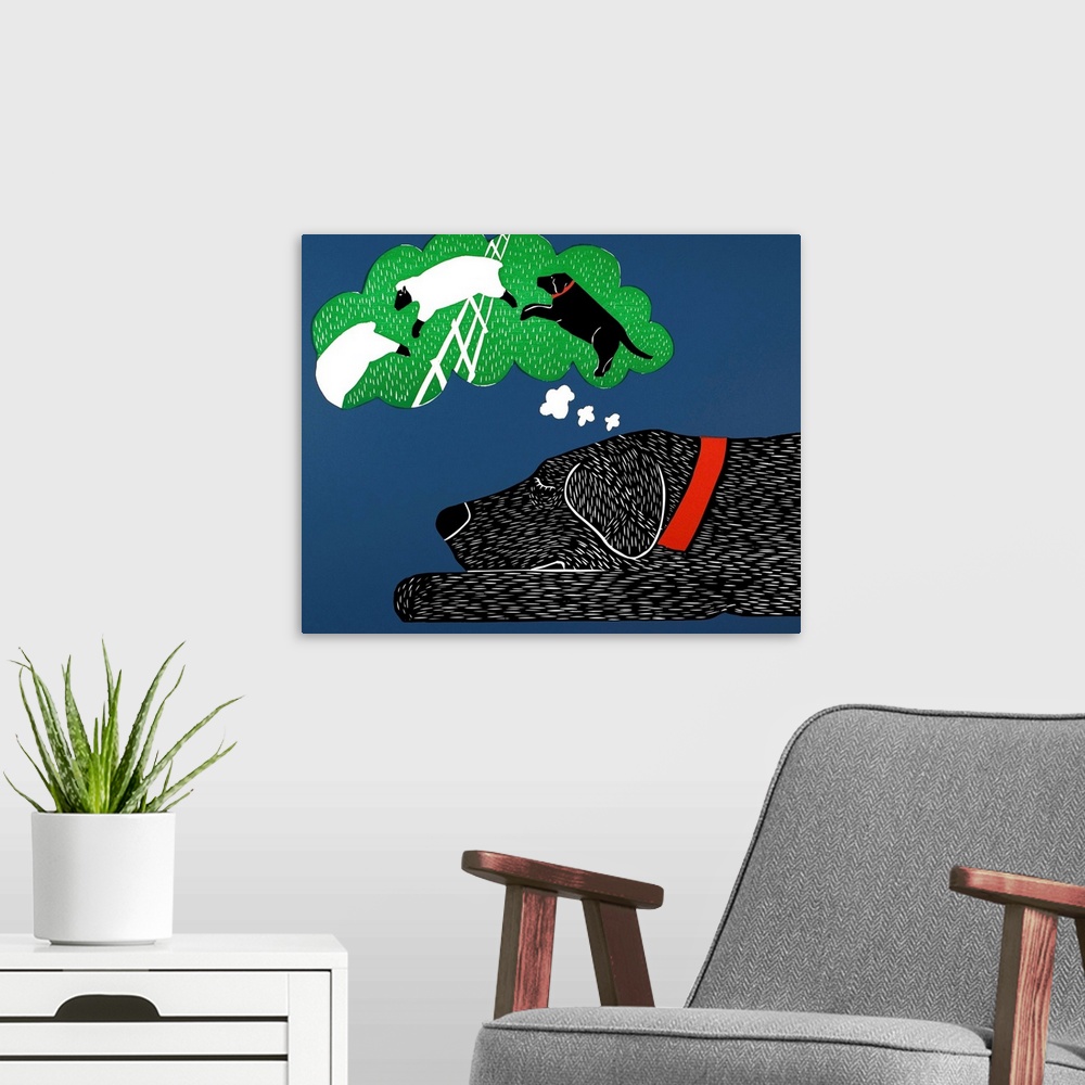 A modern room featuring Illustration of a black lab taking a nap and dreaming of herding sheep.