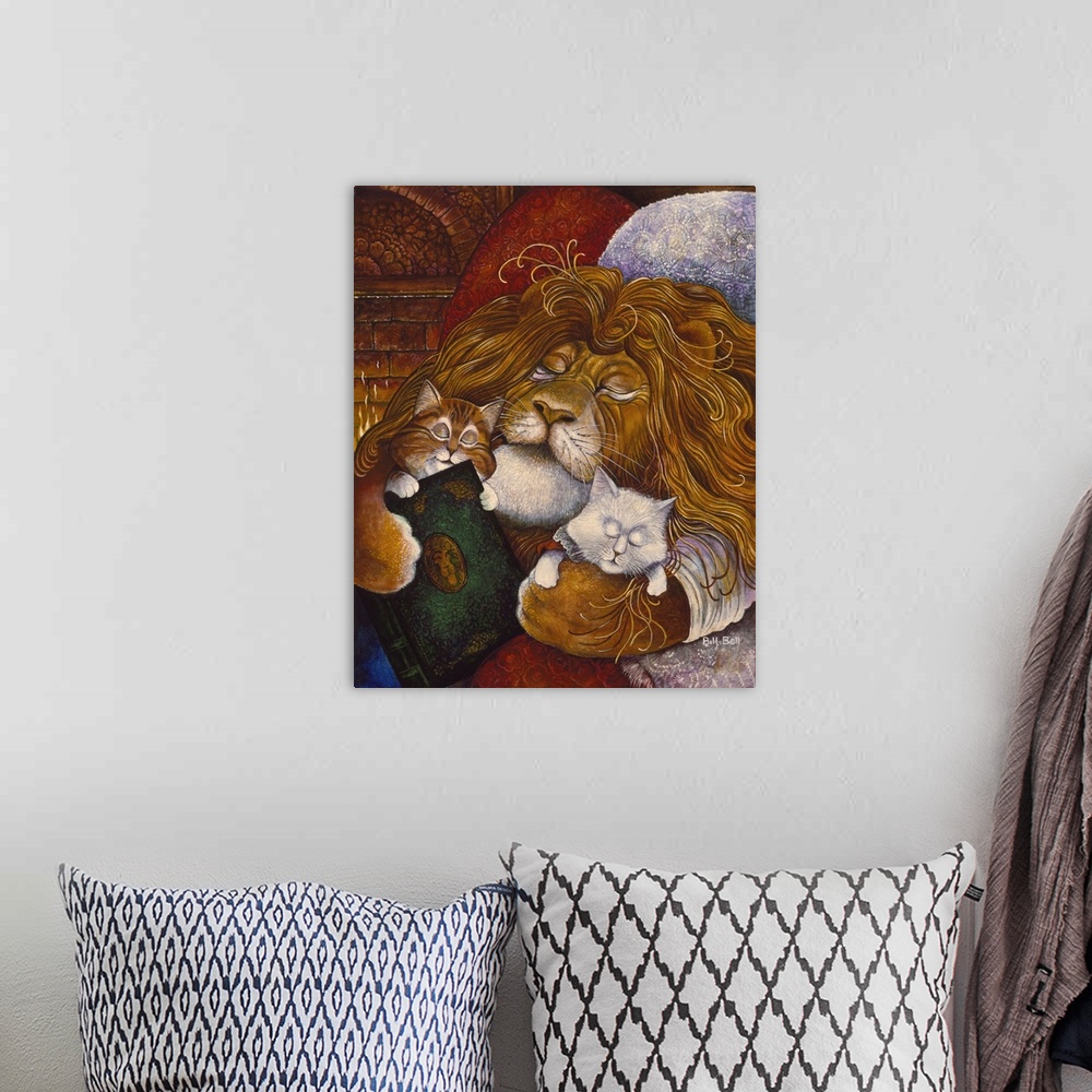 A bohemian room featuring Lion sleeping with cats.