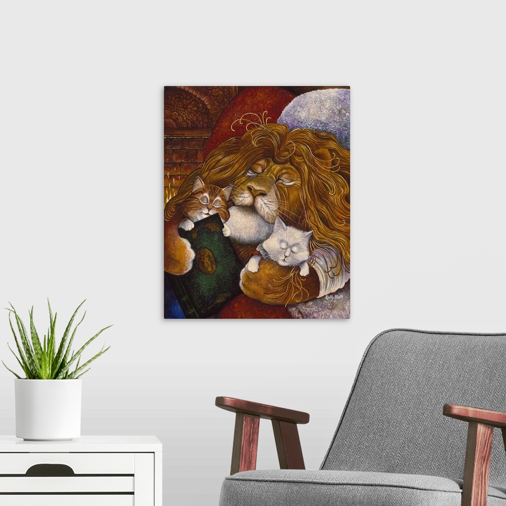 A modern room featuring Lion sleeping with cats.