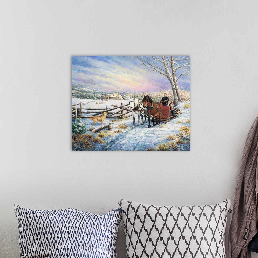 A bohemian room featuring Contemporary artwork of couple of people on a sleigh being pulled by two horses past a fence.