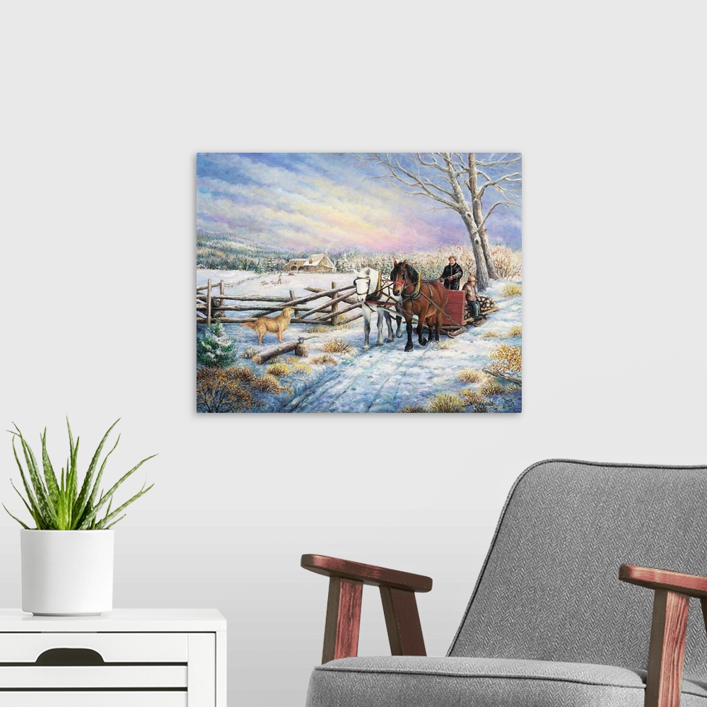A modern room featuring Contemporary artwork of couple of people on a sleigh being pulled by two horses past a fence.