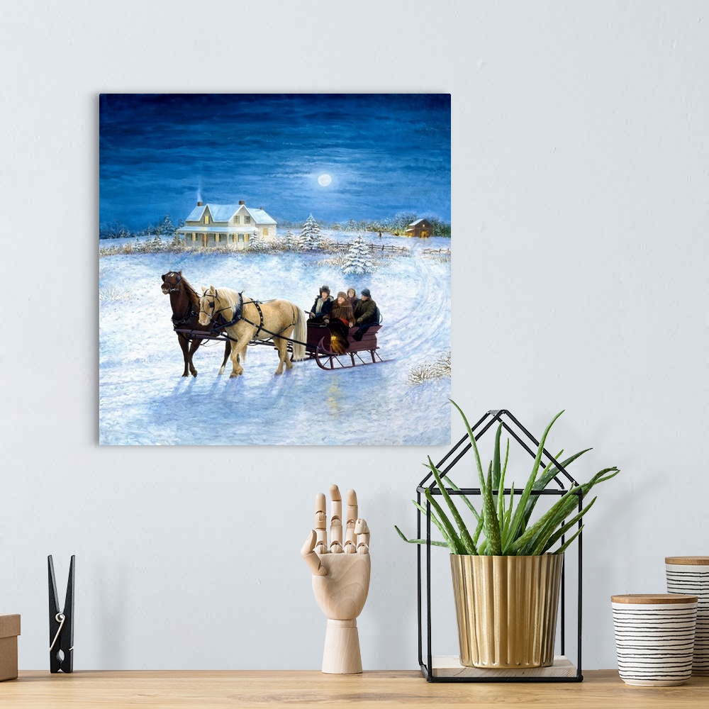 A bohemian room featuring Contemporary artwork of horse drawn sleigh in the winter.