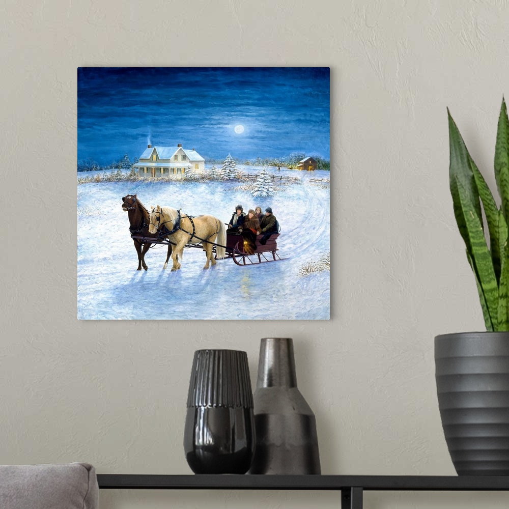 A modern room featuring Contemporary artwork of horse drawn sleigh in the winter.