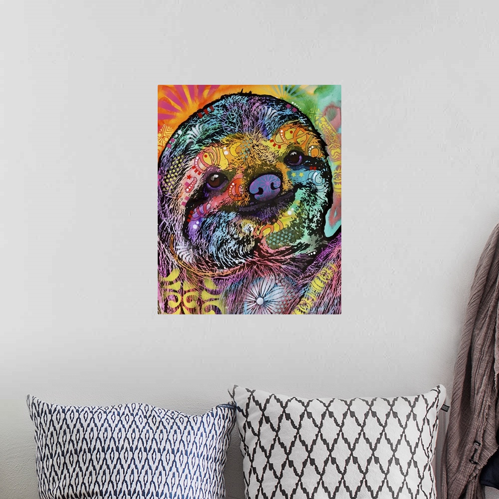 A bohemian room featuring Vibrant illustration of a colorful sloth with graffiti-like designs all over.