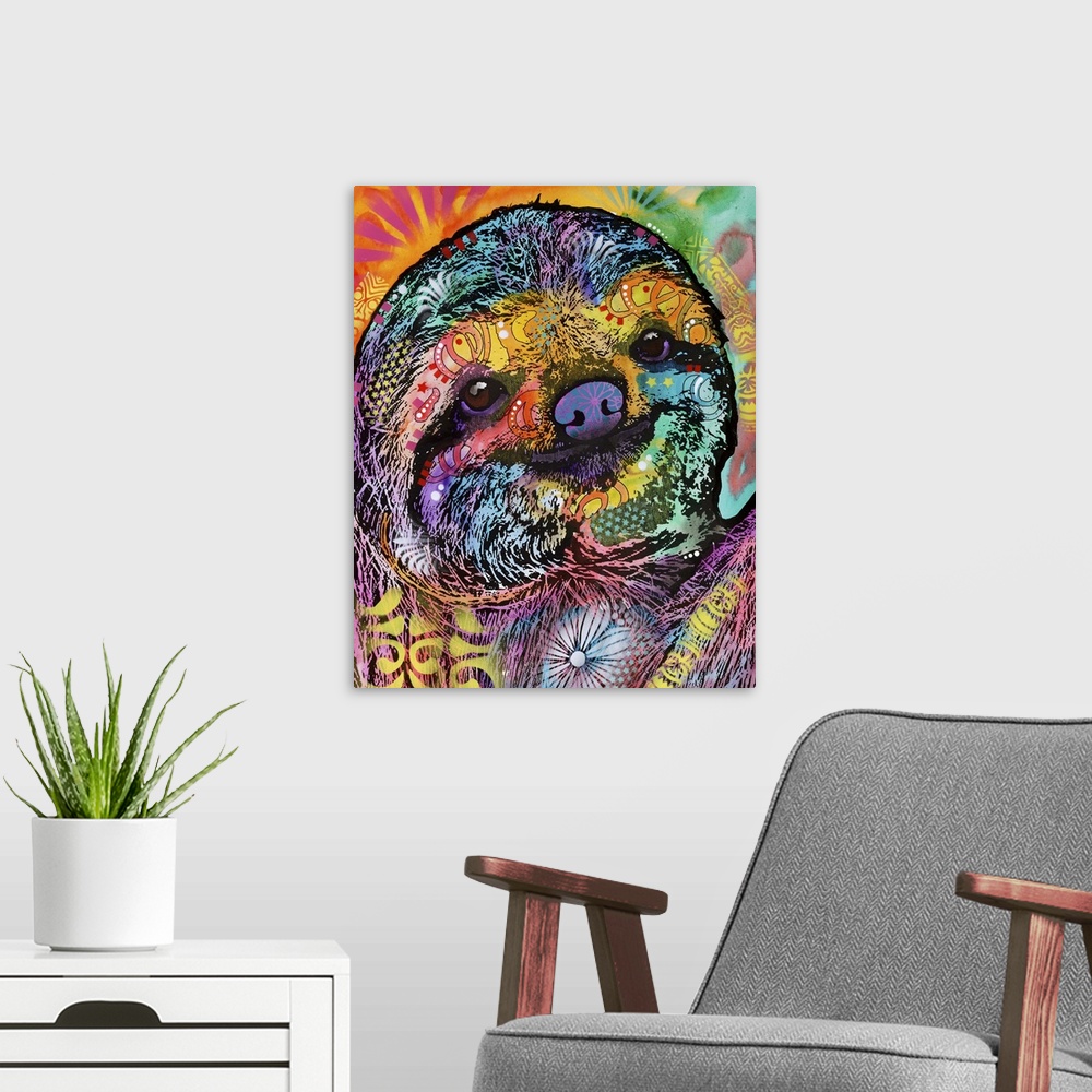 A modern room featuring Vibrant illustration of a colorful sloth with graffiti-like designs all over.