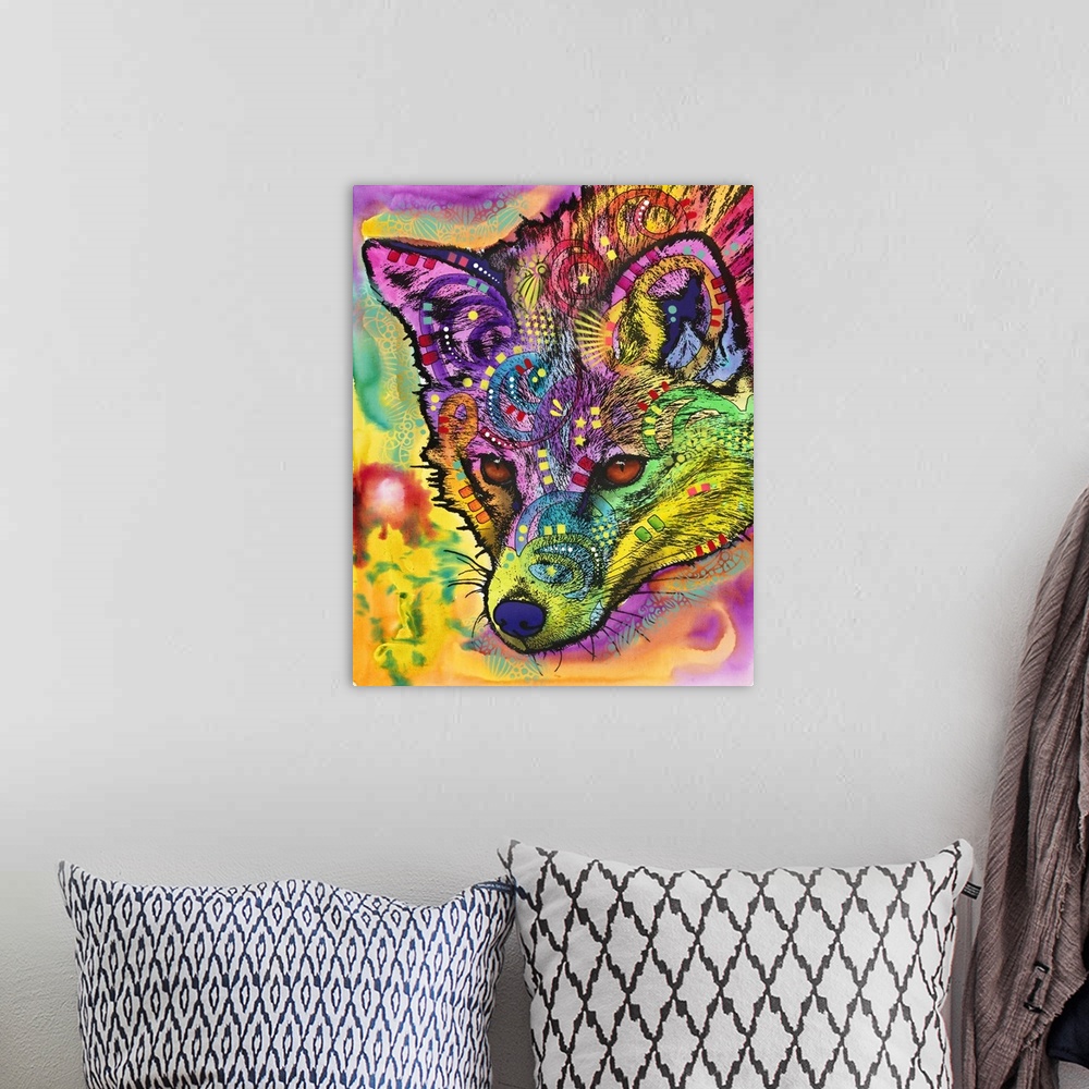 A bohemian room featuring Vibrant illustration of a colorful wolf with graffiti-like designs all over.