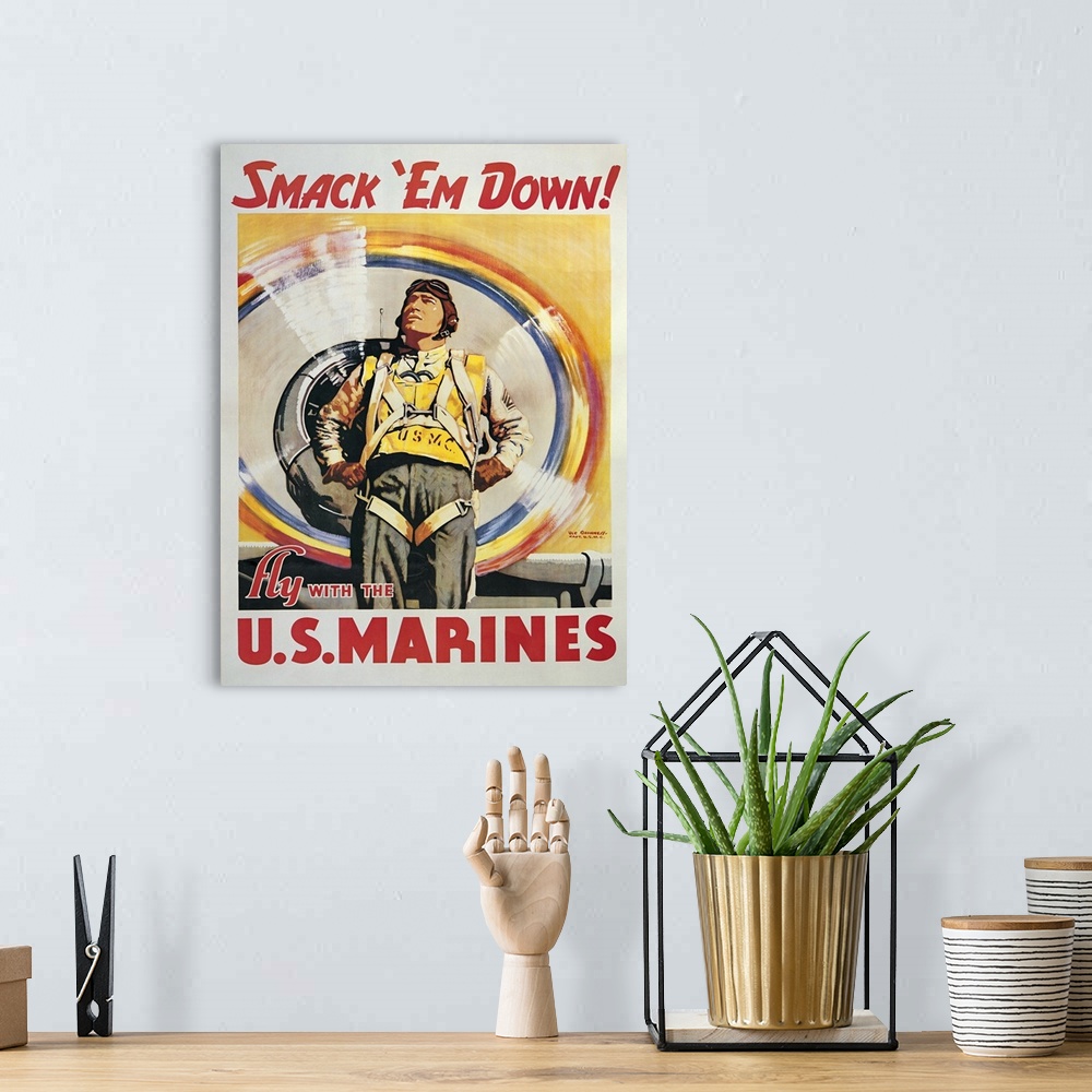 A bohemian room featuring Smack 'Em Down! - Vintage Marines Poster