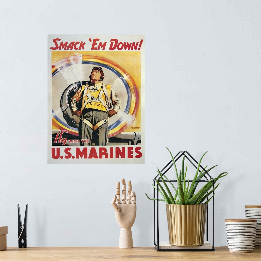 A bohemian room featuring Smack 'Em Down! - Vintage Marines Poster
