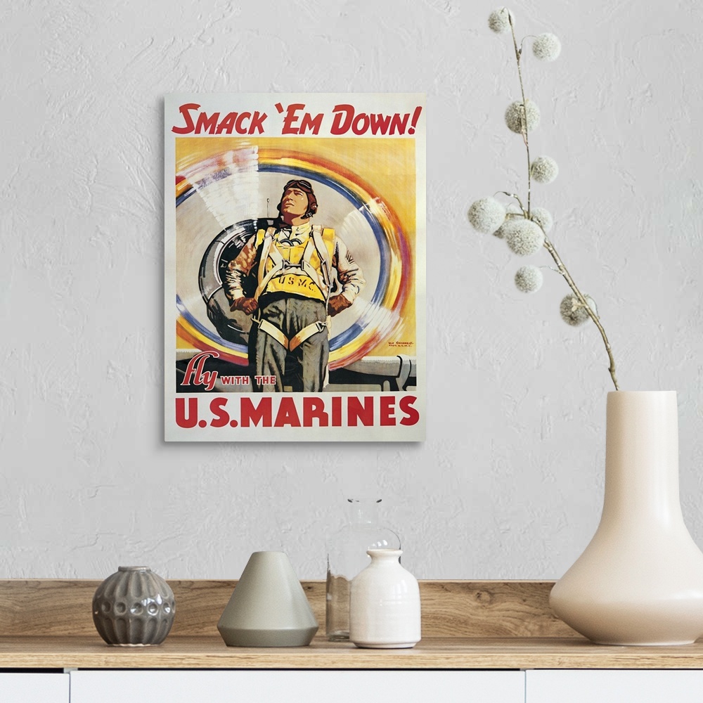 A farmhouse room featuring Smack 'Em Down! - Vintage Marines Poster
