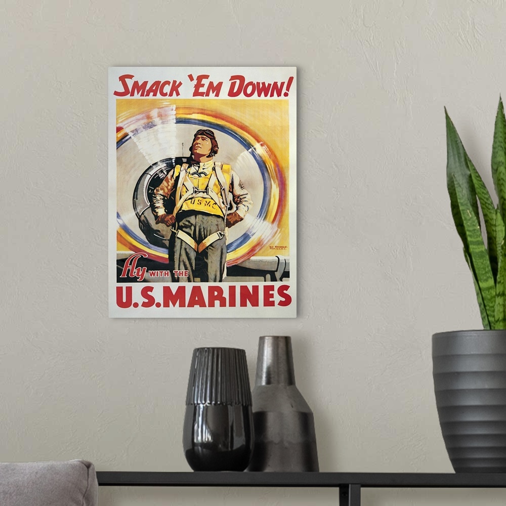 A modern room featuring Smack 'Em Down! - Vintage Marines Poster