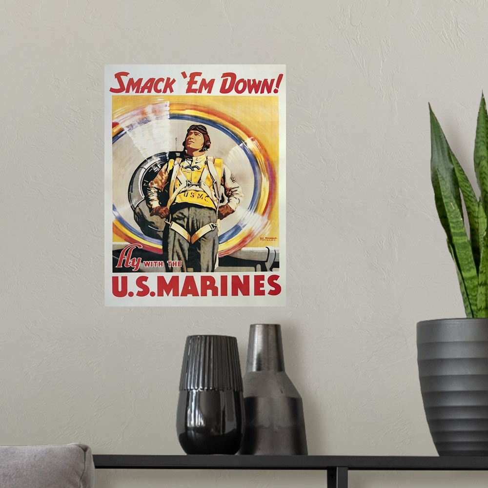 A modern room featuring Smack 'Em Down! - Vintage Marines Poster
