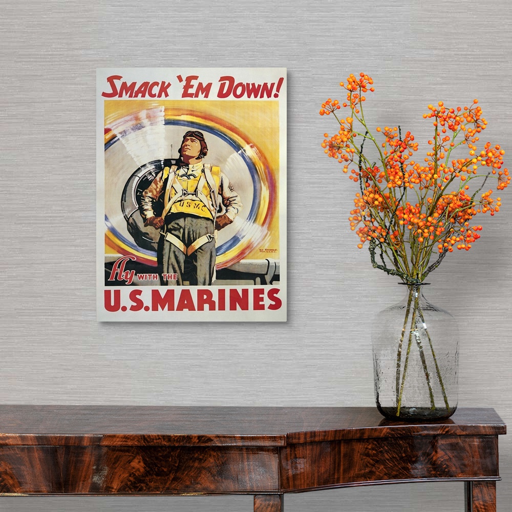 A traditional room featuring Smack 'Em Down! - Vintage Marines Poster