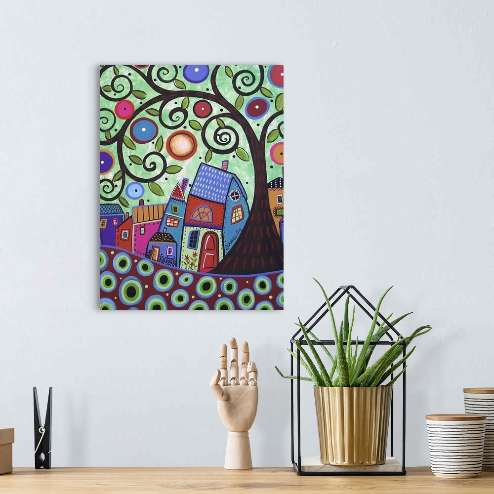A bohemian room featuring Contemporary painting of a village made of different colored houses with a large tree with curly ...