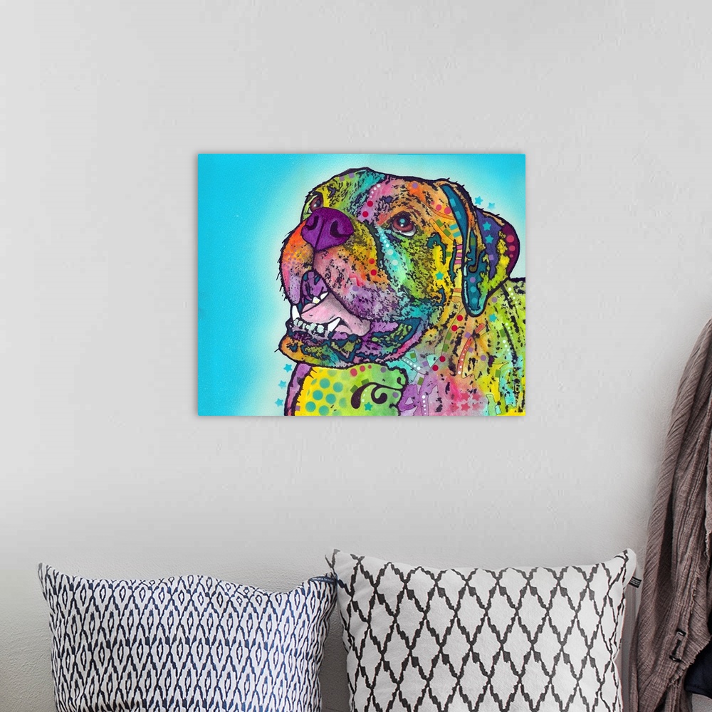 A bohemian room featuring Contemporary stencil painting of a smiling boxer filled with various colors and patterns.