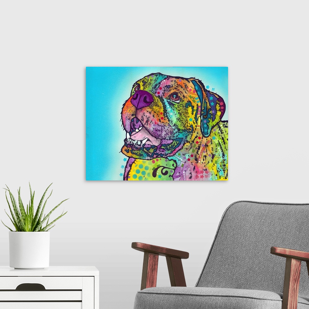 A modern room featuring Contemporary stencil painting of a smiling boxer filled with various colors and patterns.