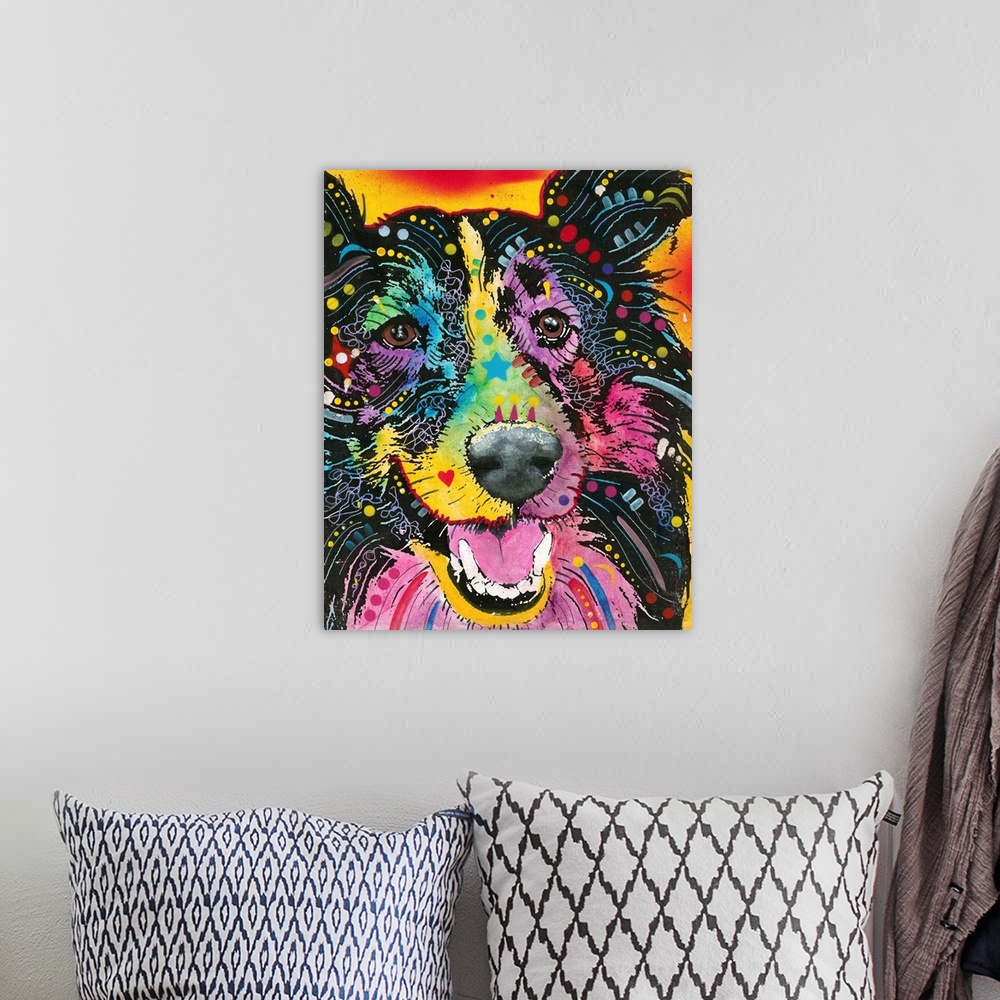 A bohemian room featuring Colorful painting of a smiling Collie dog with geometric designs on a red and yellow background.