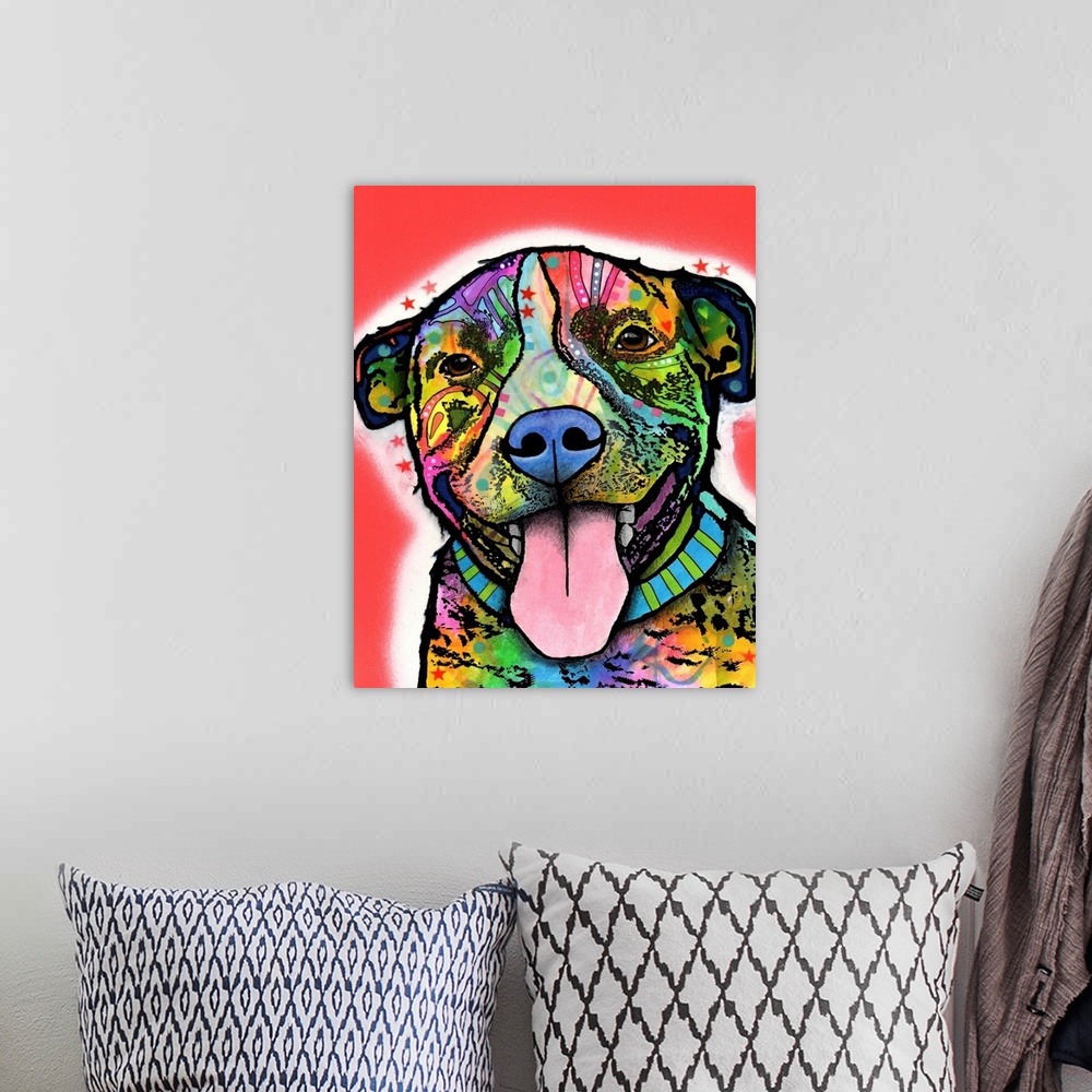 A bohemian room featuring Contemporary stencil painting of a smiling pit bull filled with various colors and patterns.