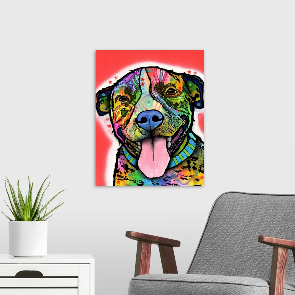 A modern room featuring Contemporary stencil painting of a smiling pit bull filled with various colors and patterns.