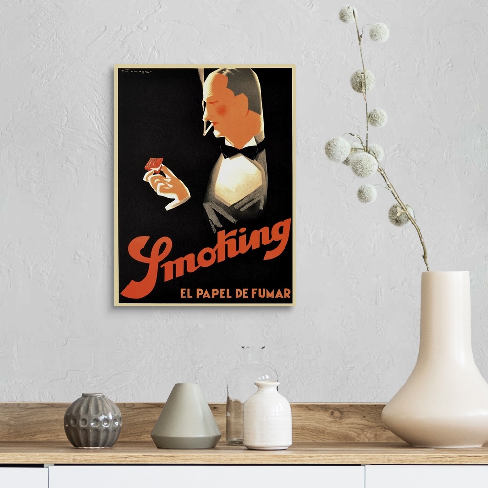A farmhouse room featuring Vintage advertisement for Smoking cigarette papers.