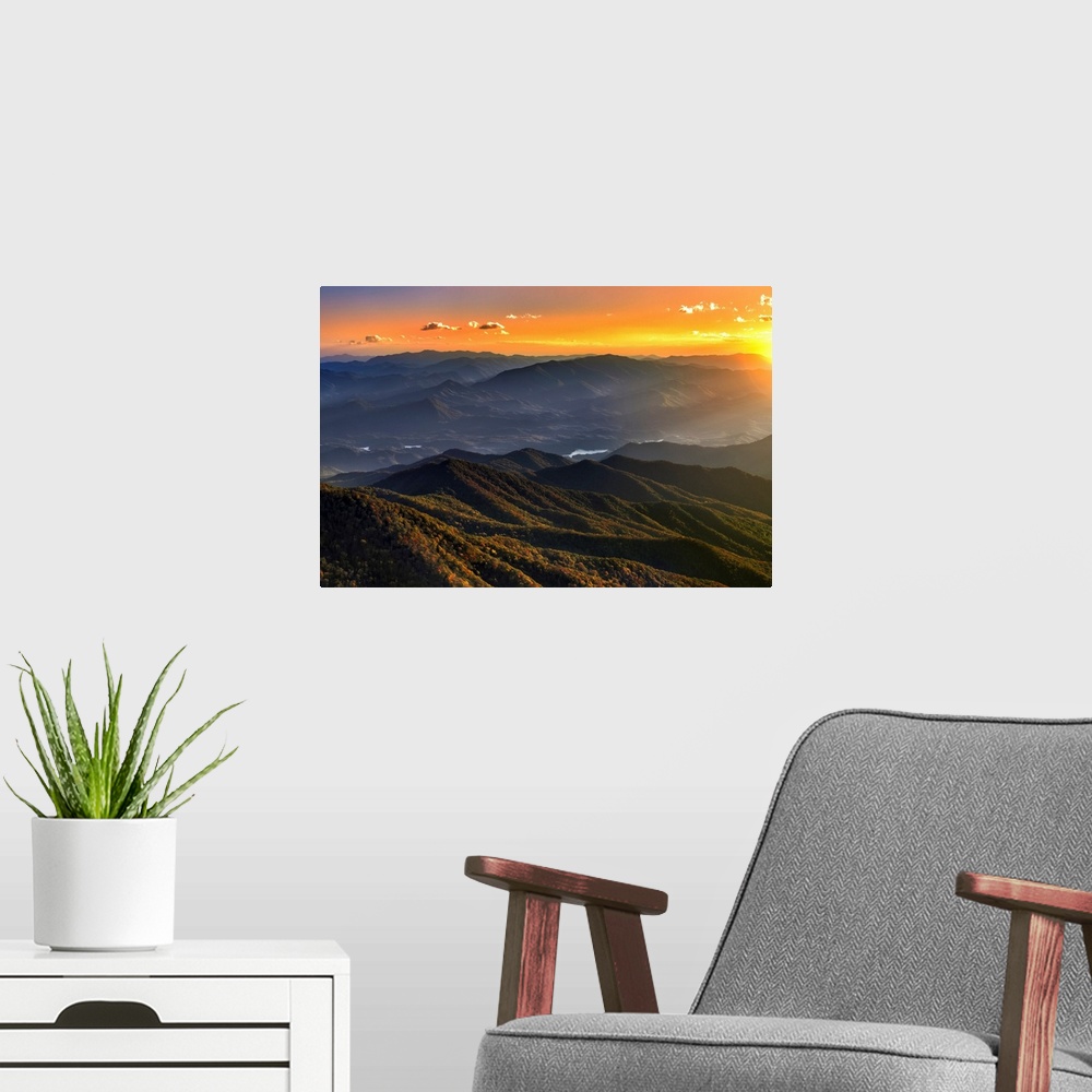 A modern room featuring Smoky Mountains Sunset