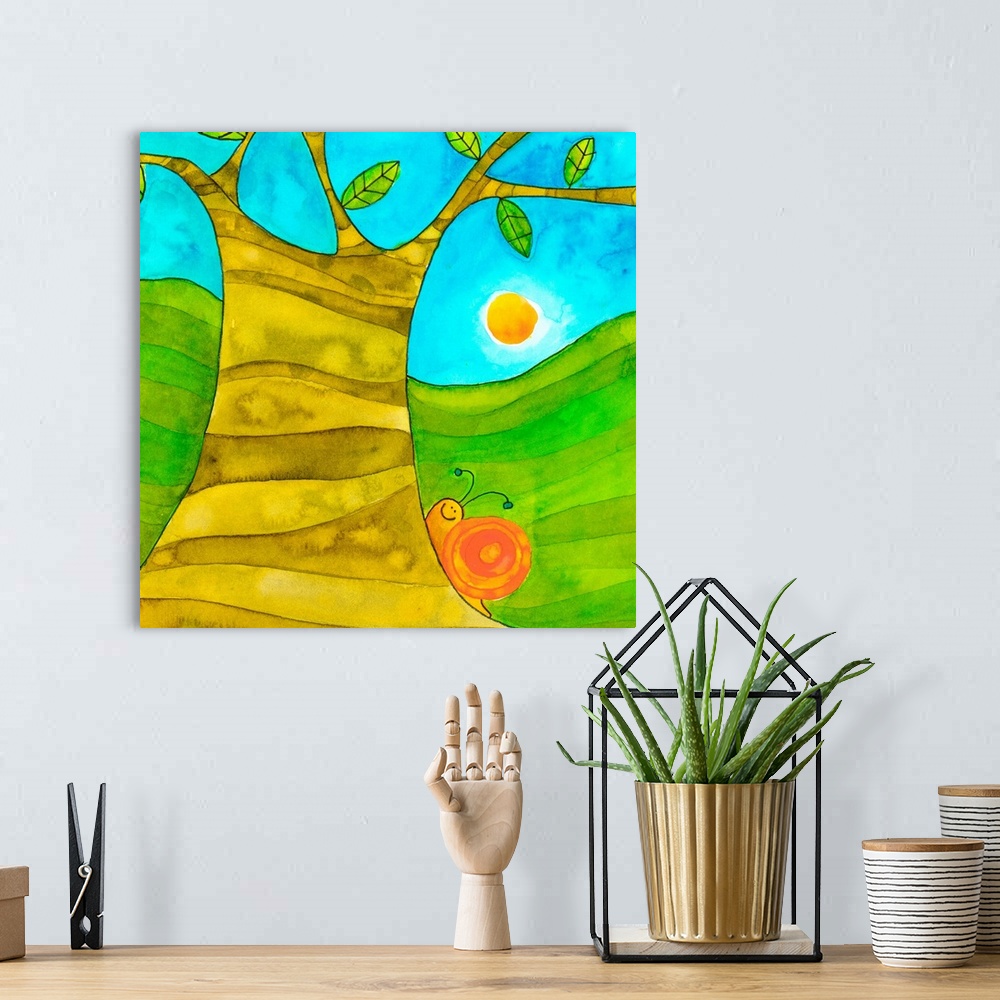 A bohemian room featuring a snail crawling along a tree