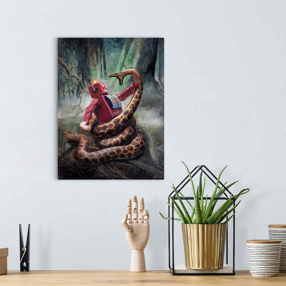 A bohemian room featuring A contemporary painting of a red retro toy robot fighting a giant snake wrapped around him while ...