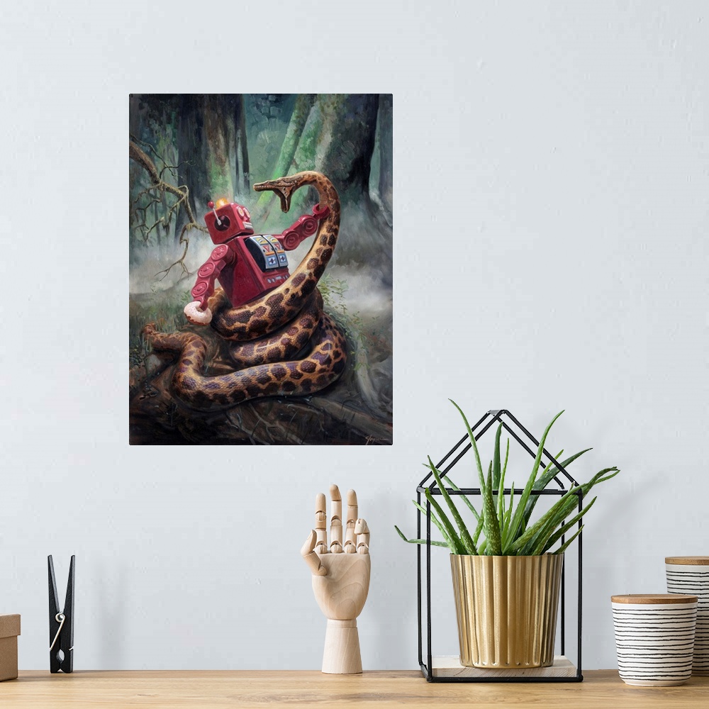 A bohemian room featuring A contemporary painting of a red retro toy robot fighting a giant snake wrapped around him while ...