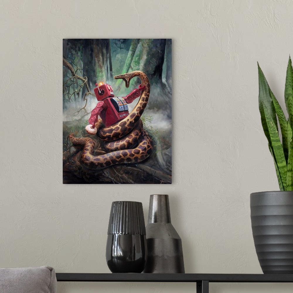 A modern room featuring A contemporary painting of a red retro toy robot fighting a giant snake wrapped around him while ...