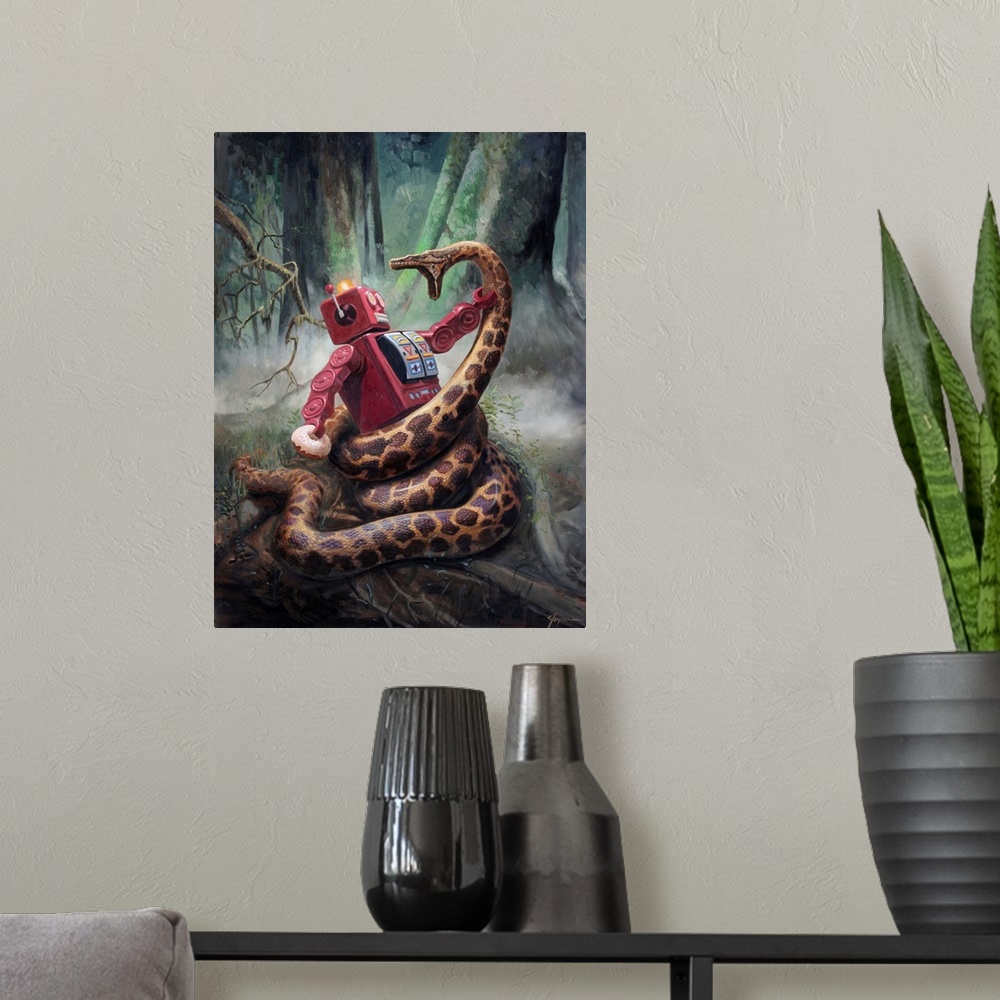 A modern room featuring A contemporary painting of a red retro toy robot fighting a giant snake wrapped around him while ...