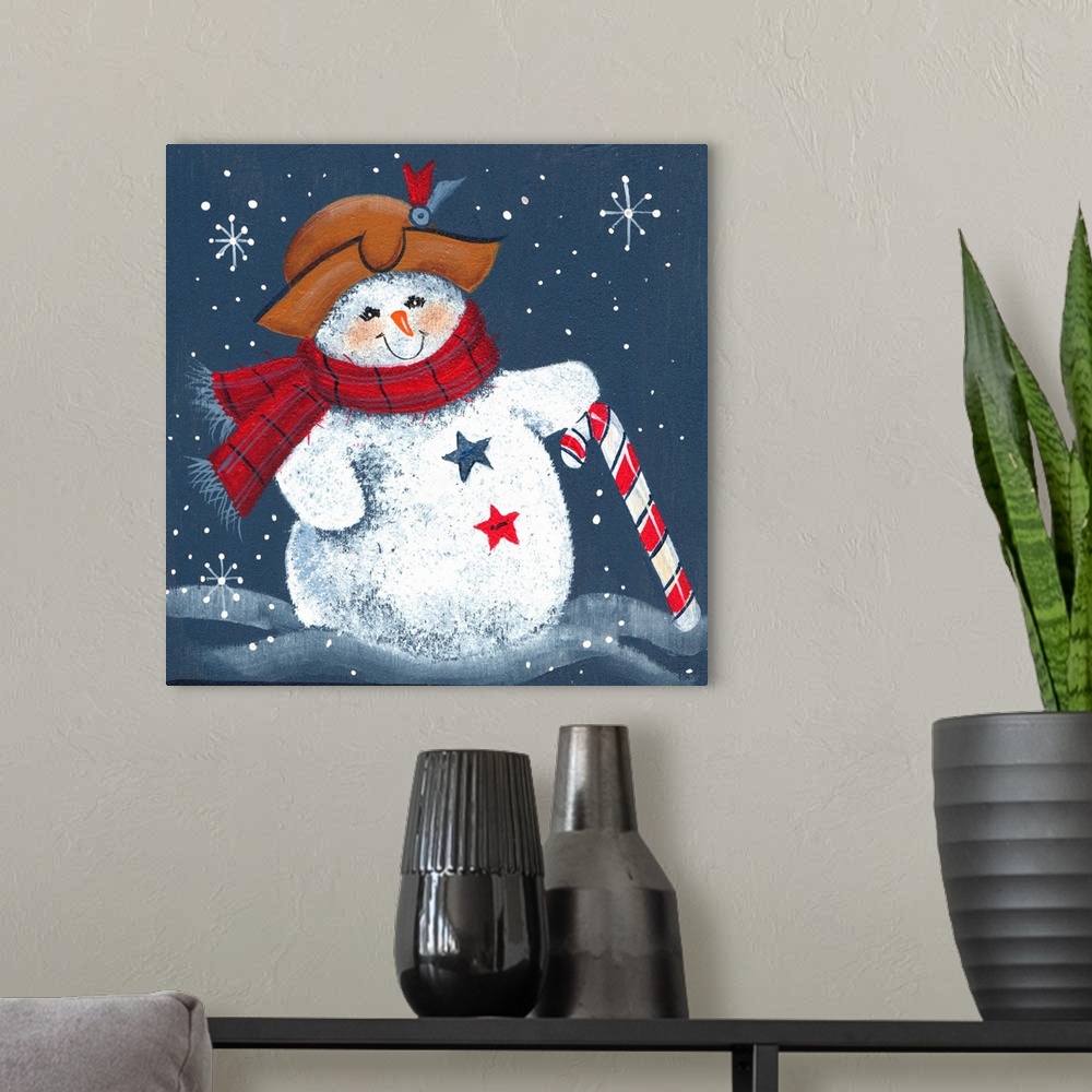 A modern room featuring A snowman with hand resting on candy cane.