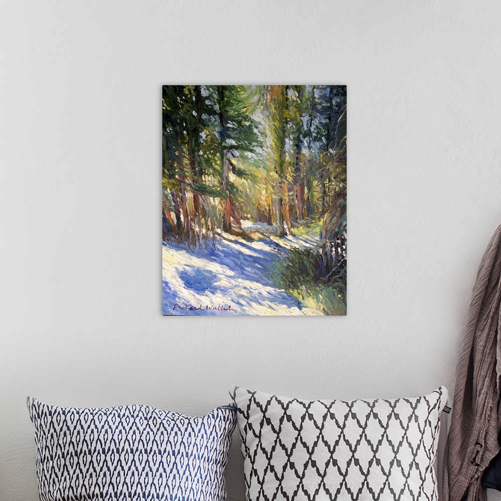 A bohemian room featuring Contemporary painting of a snowy path through a forest.