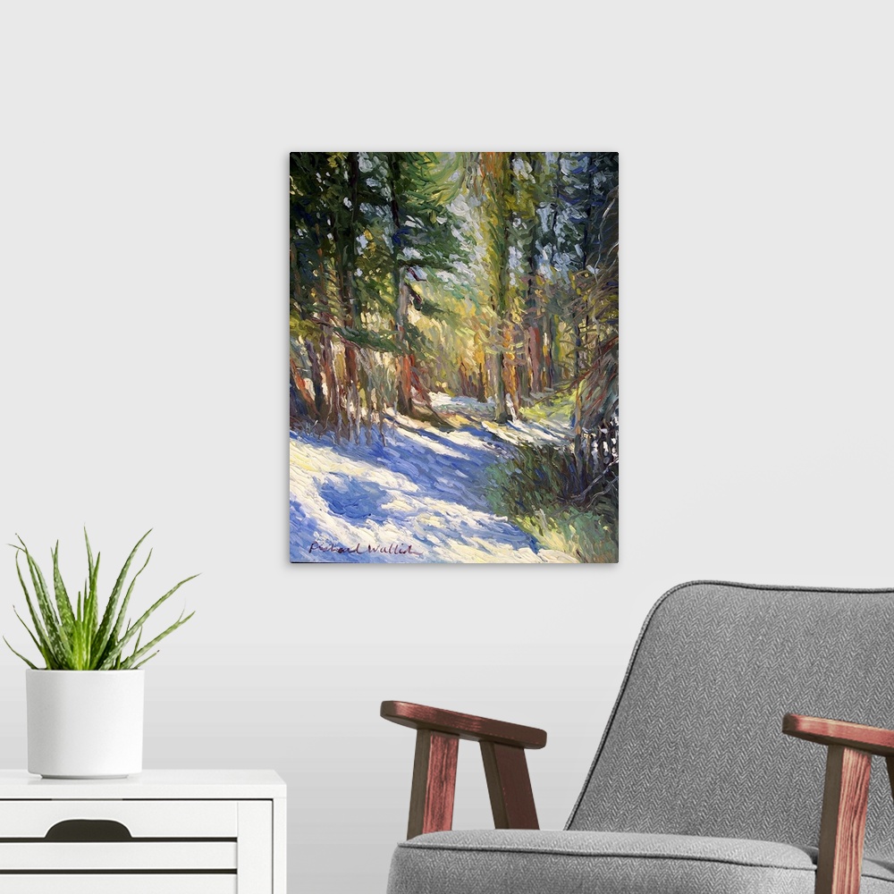 A modern room featuring Contemporary painting of a snowy path through a forest.