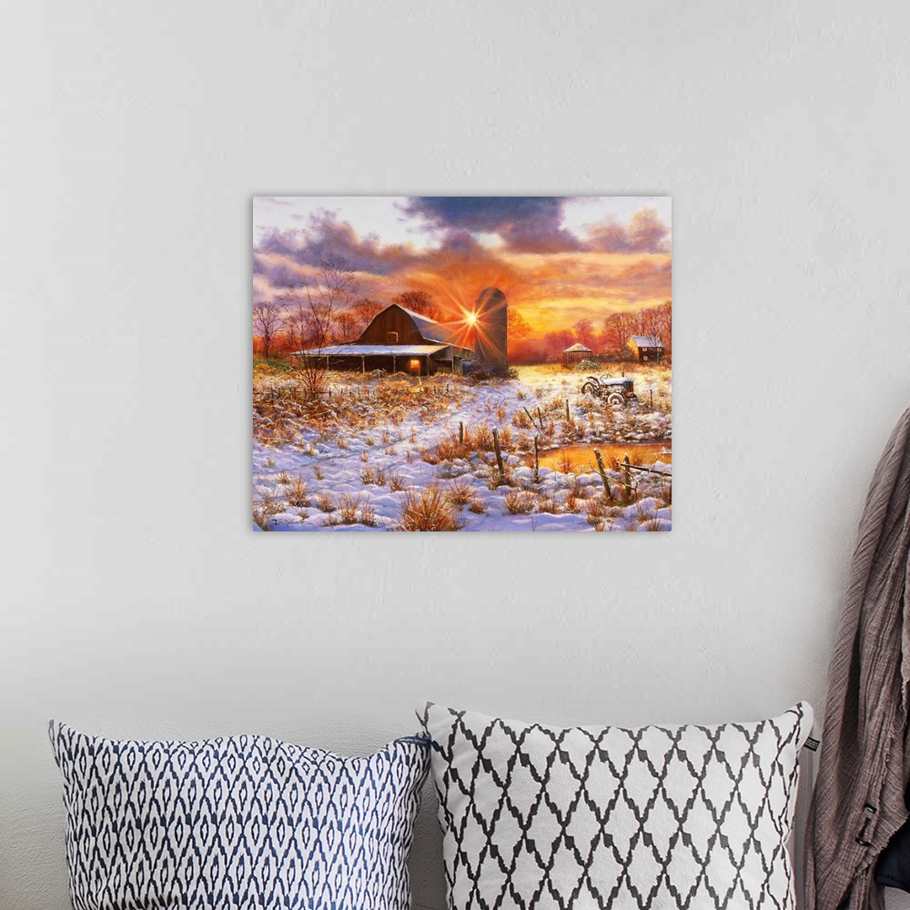 A bohemian room featuring Sunset over barn in snowy field.
