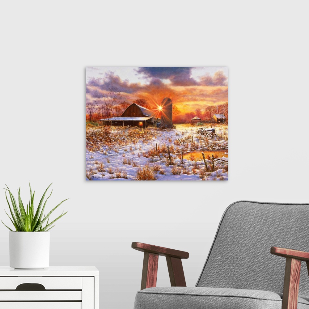 A modern room featuring Sunset over barn in snowy field.
